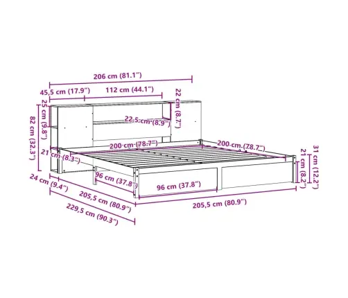 Gulta Ar Grāmatu Plauktu, Bez Matrača, 200X200 Cm, Priedes Koks Vidaxl