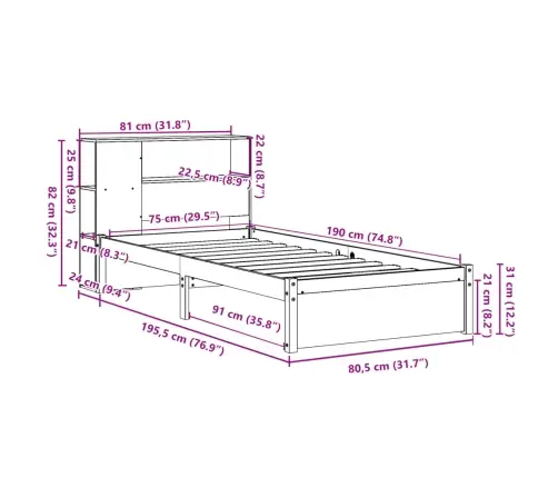 Gulta Ar Grāmatu Plauktu, Bez Matrača, 75X190 Cm, Priedes Koks Vidaxl