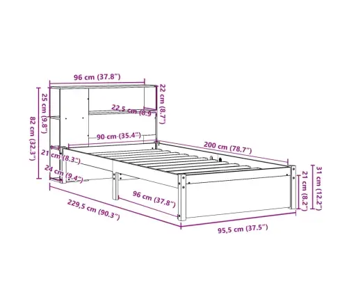 Lova Su Knygų Spinta Be Čiužinio, 90X200cm Pušies Masyvas