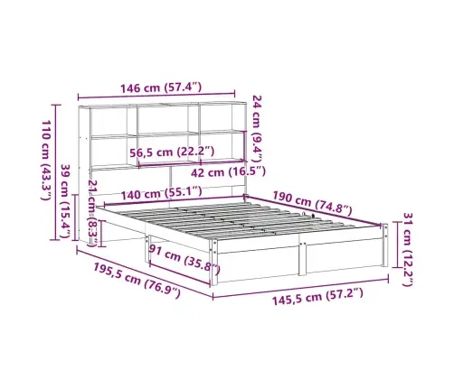 Lova Su Knygų Spinta Be Čiužinio, 140X190cm Pušies Masyvas