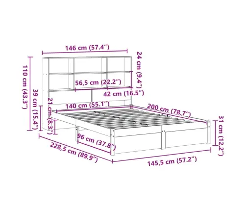 Lova Su Knygų Spinta Be Čiužinio, 140X200cm Pušies Masyvas