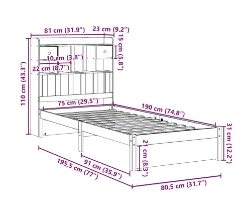 Lova Su Knygų Spinta Be Čiužinio, Balta, 75X190cm Pušis