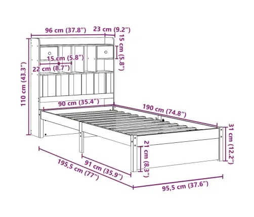 Gulta Ar Grāmatu Plauktu, Bez Matrača, 90X190 Cm, Priedes Koks Vidaxl
