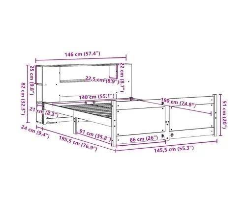 Lova Su Knygų Spinta Be Čiužinio, Balta, 140X190cm Pušis