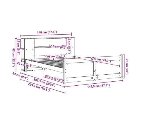 Riiuliga Voodiraam Ilma Madratsita, Valge, 140X200cm Männipuit