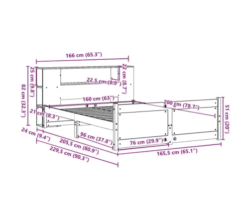 Lova Su Knygų Spinta Be Čiužinio, 160X200cm Pušies Masyvas