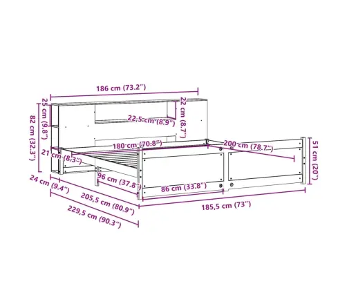 Gulta Ar Grāmatu Plauktu, Bez Matrača, 180X200 Cm, Priedes Koks Vidaxl