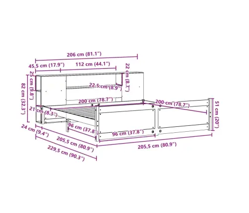 Gulta Ar Grāmatu Plauktu, Bez Matrača, 200X200 Cm, Priedes Koks Vidaxl