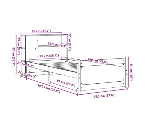 Riiuliga Voodi Ilma Madratsita, 90 X 190 cm Männipuit