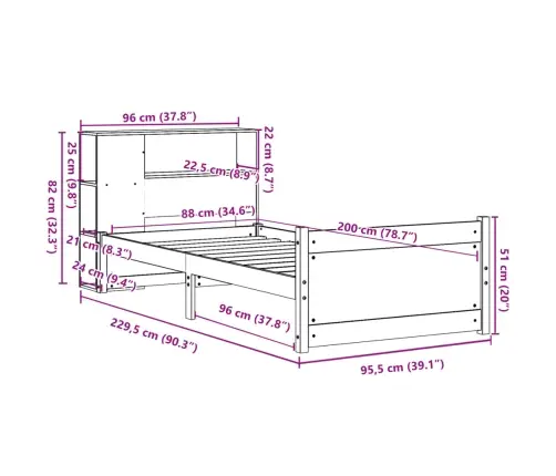 Gulta Ar Grāmatu Plauktu, Bez Matrača, 90X200 Cm, Priedes Koks Vidaxl