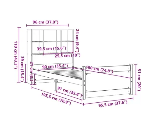 Lova Su Knygų Spinta Be Čiužinio, 90X190cm Pušies Masyvas