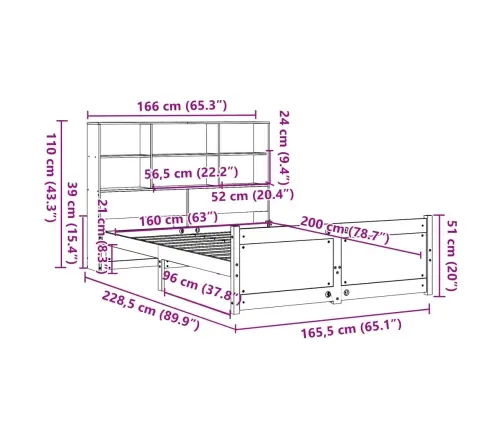 Gulta Ar Grāmatu Plauktu, Bez Matrača, 160X200 Cm, Priedes Koks Vidaxl