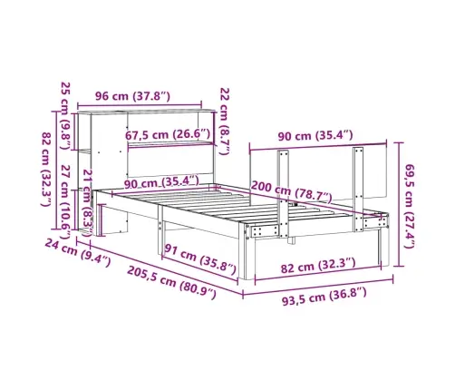 Gulta Ar Grāmatu Plauktu, Bez Matrača, 90X200 Cm, Priedes Koks Vidaxl