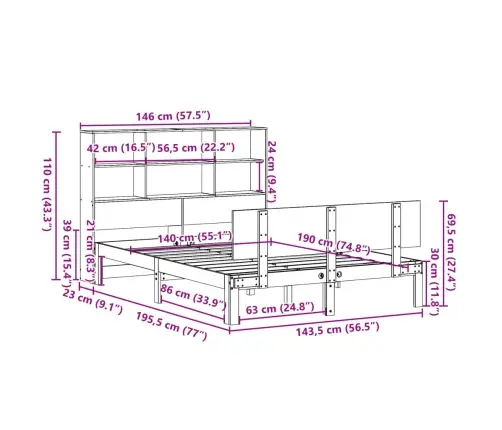 Gulta Ar Grāmatu Plauktu, Bez Matrača, 140X190 Cm, Priedes Koks Vidaxl