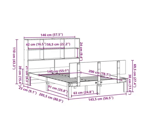 Gulta Ar Grāmatu Plauktu, Bez Matrača, 140X200 Cm, Priedes Koks Vidaxl