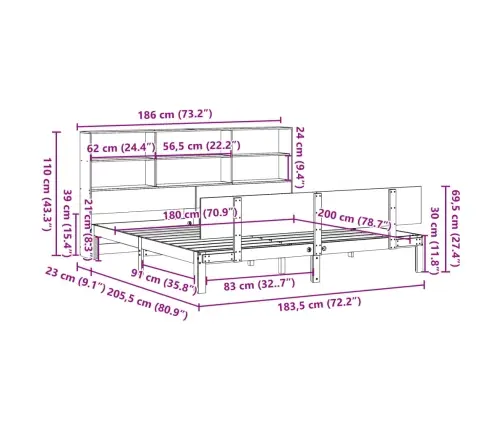 Lova Su Knygų Spinta Be Čiužinio, 180X200cm Pušies Masyvas