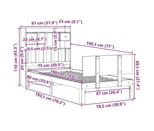 Gulta Ar Grāmatu Plauktu, Bez Matrača, 75X190 Cm, Priedes Koks Vidaxl