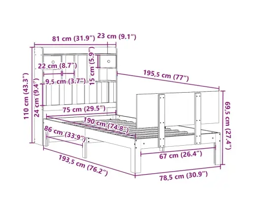 Riiuliga Voodiraam Ilma Madratsita, Valge, 75X190 cm Männipuit
