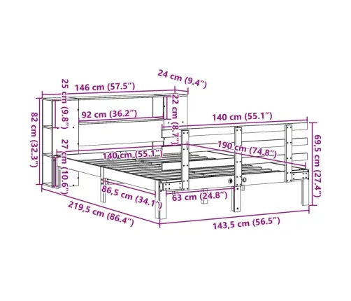Lova Su Knygų Spinta Be Čiužinio, 140X190cm Pušies Masyvas