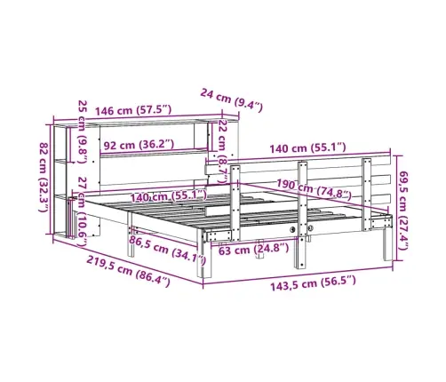 Gulta Ar Grāmatu Plauktu, Bez Matrača, 140X190 Cm, Priedes Koks Vidaxl