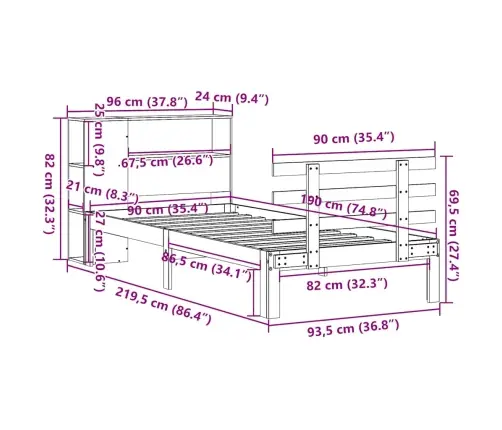 Gulta Ar Grāmatu Plauktu, Bez Matrača, 90X190 Cm, Priedes Koks Vidaxl