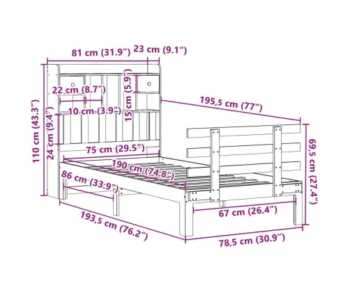 Lova Su Knygų Spinta Be Čiužinio, Balta, 75X190cm Pušis