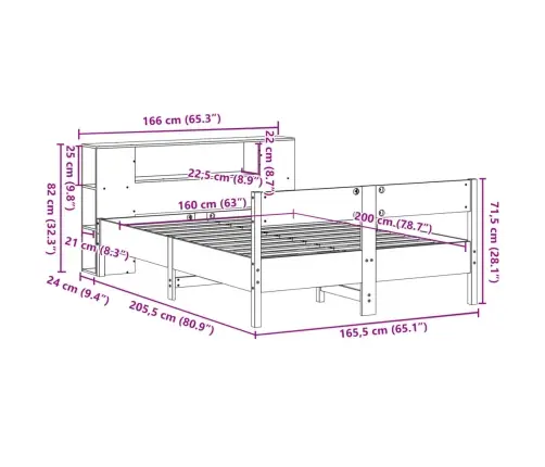 Gulta Ar Grāmatu Plauktu, Bez Matrača, 160X200 Cm, Priedes Koks Vidaxl