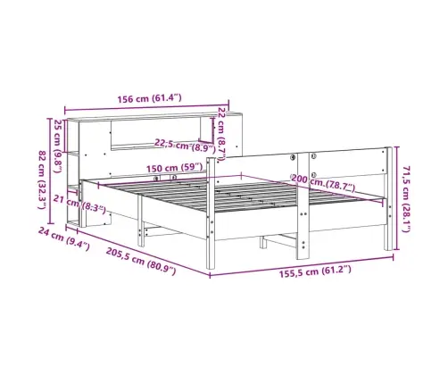 Gulta Ar Grāmatu Plauktu, Bez Matrača, 150X200 Cm, Priedes Koks Vidaxl