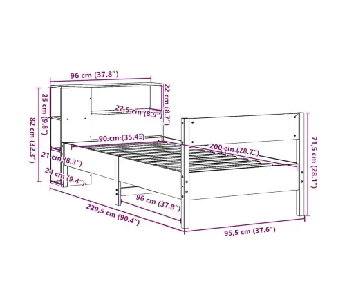 Gulta Ar Grāmatu Plauktu, Bez Matrača, 90X200 Cm, Priedes Koks Vidaxl