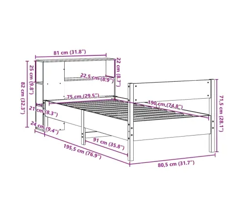 Lova Be Čiužinio/Su Knygų Lentyna, Ruda, 75X190cm Pušis