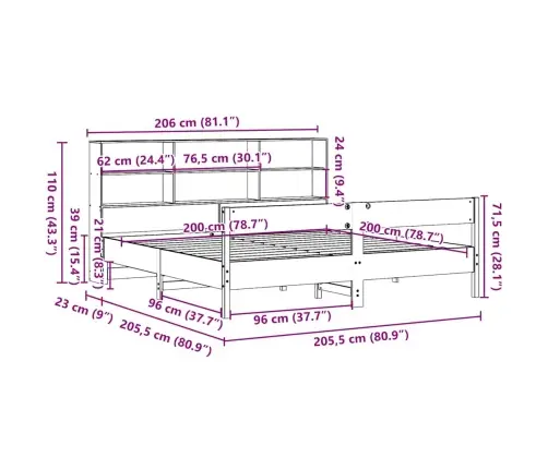 Riiuliga Voodi Ilma Madratsita, Vahapruun, 200X200cm Männipuit