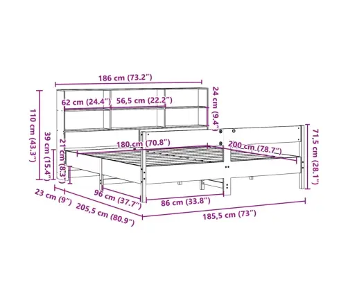 Gulta Ar Grāmatu Plauktu, Bez Matrača, 180X200 Cm, Priedes Koks Vidaxl