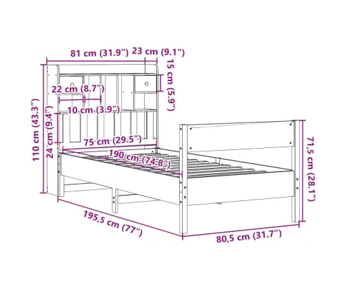 Lova Be Čiužinio/Su Knygų Lentyna, Ruda, 75X190cm Pušis