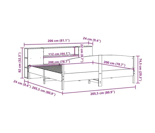 Lova Su Knygų Spinta Be Čiužinio, Balta, 200X200cm Pušis