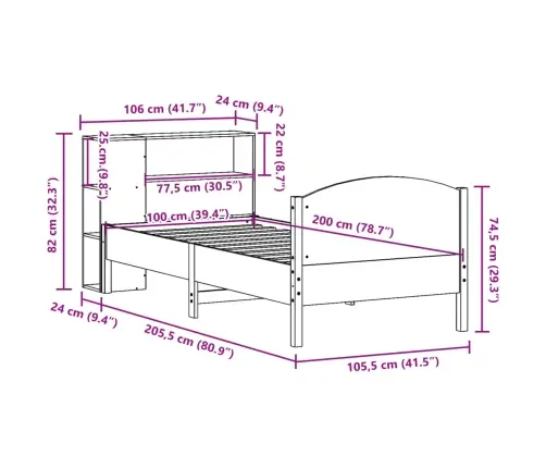 Gulta Ar Grāmatu Plauktu, Bez Matrača, 100X200 Cm, Priedes Koks Vidaxl