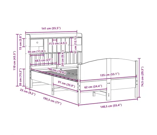 Gulta Ar Grāmatu Plauktu, Bez Matrača, 135X190 Cm, Priedes Koks Vidaxl