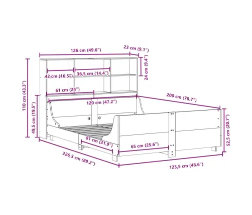 Gulta Ar Grāmatu Plauktu, Bez Matrača, 120X200 Cm, Masīvkoks Vidaxl