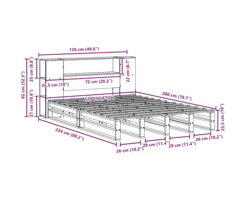 Lova Su Knygų Spinta Be Čiužinio, 120X200cm Pušies Masyvas