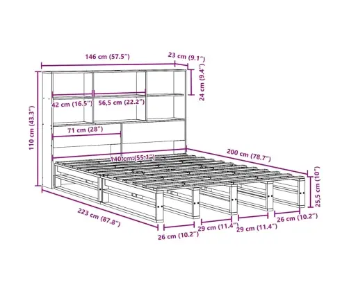 Gulta Ar Grāmatu Plauktu, Bez Matrača, 140X200 Cm, Masīvkoks Vidaxl