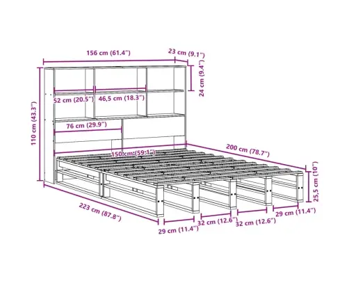 Gulta Ar Grāmatu Plauktu, Bez Matrača, 150X200 Cm, Masīvkoks Vidaxl