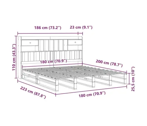 Gulta Ar Grāmatu Plauktu, Bez Matrača, 180X200 Cm, Priedes Koks Vidaxl