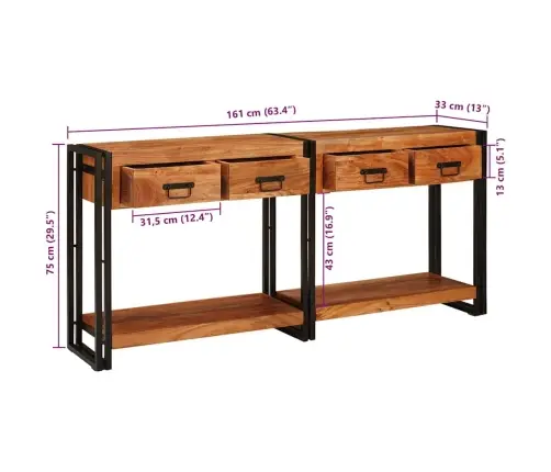 Konsoles Galds 2 Ar Atvilktni Ar Plauktu Ar Uzglabāšanu 2 Pcs Brūna Cietā Akāciju Koks Vidaxl