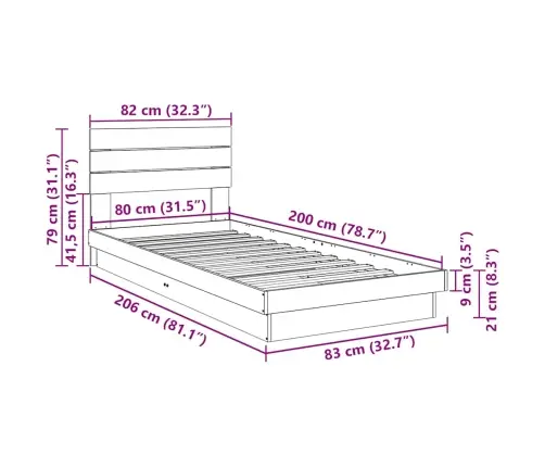 Voodiraam Peatsiga Ilma Madratsita 80X200 Cm Täispuidust Tamm