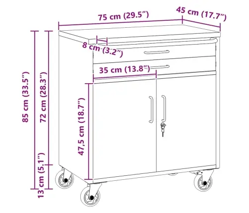 Töökoja Pink Sahtliga Rattaga Punane Ja Hall 75 X 45 X 85 Cm