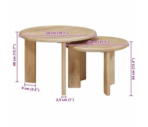 Viens Zem Otra Novietojami Galdi 2 Pcs Melna Cieta Mango Koksne Vidaxl