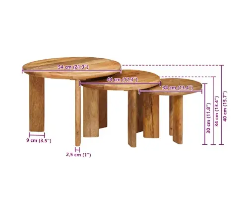 Viens Zem Otra Novietojami Galdi 3 Pcs Brūna Cieta Mango Koksne Vidaxl