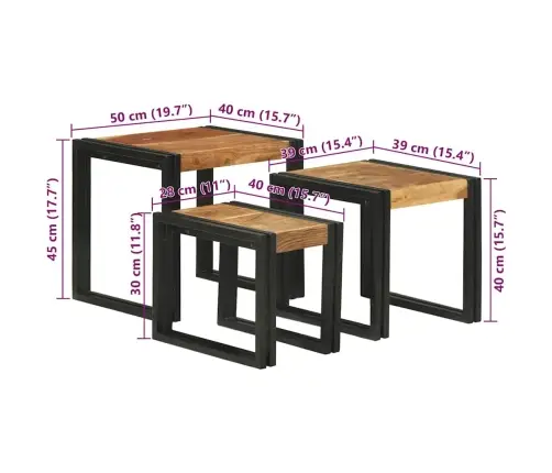 Nesting Galds 3 Pcs Cieta Akācijas Koka Un Metāla Vidaxl