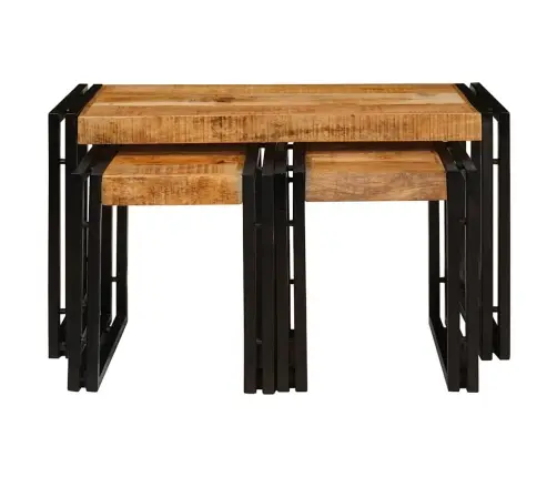 Suklijuotas Stalas 3 Pcs Tvirta Rupios Mangų Medienos Ir Metalo