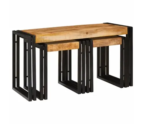 Suklijuotas Stalas 3 Pcs Tvirta Rupios Mangų Medienos Ir Metalo