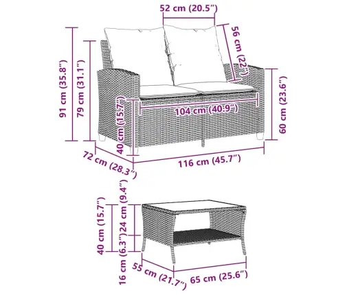 Divvietīgs Dārza Dīvāns Ar Spilveniem Un Galdu, Pelēks Vidaxl